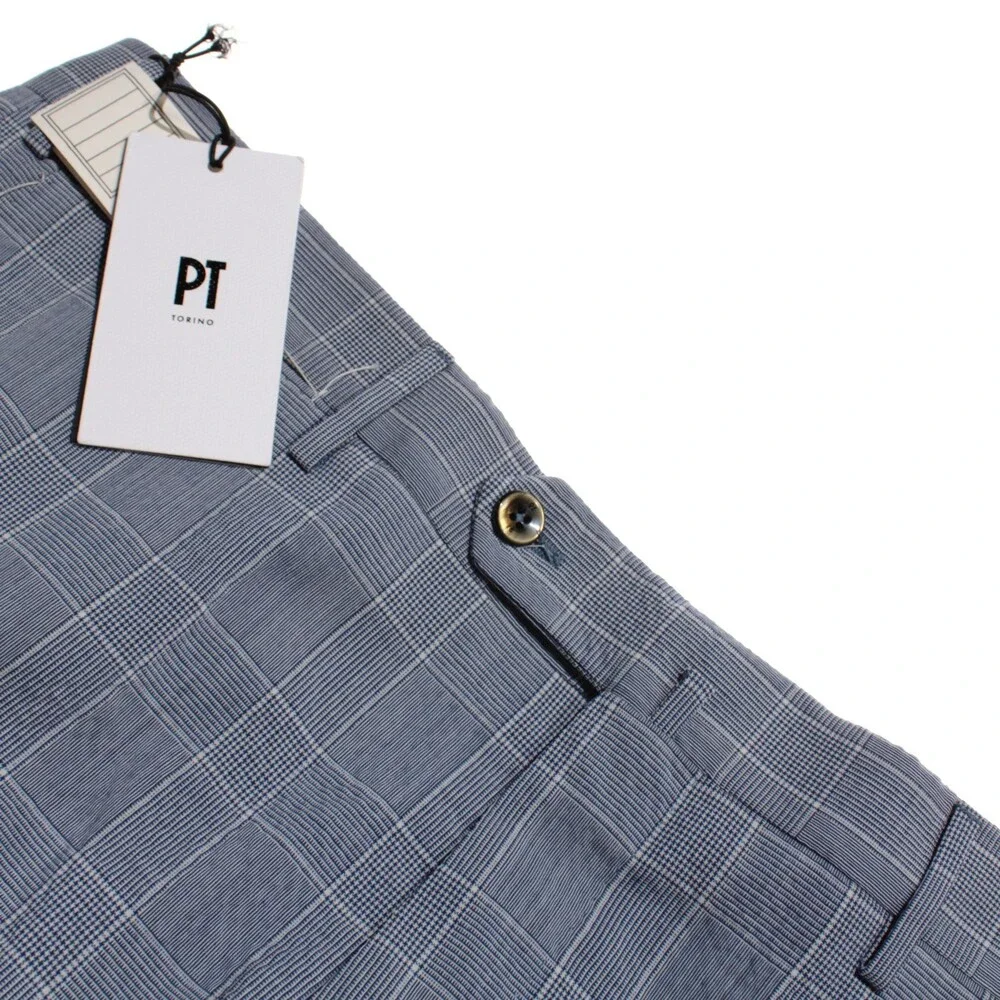 PT Torino NWT Dress Pants Size 50 (US 34) Slim Fit in Blue Check Wool Blend